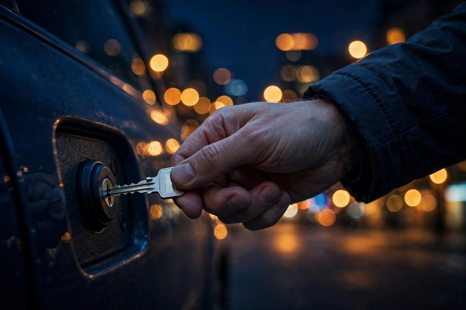 Key entering a car door lock at night with city lights behind