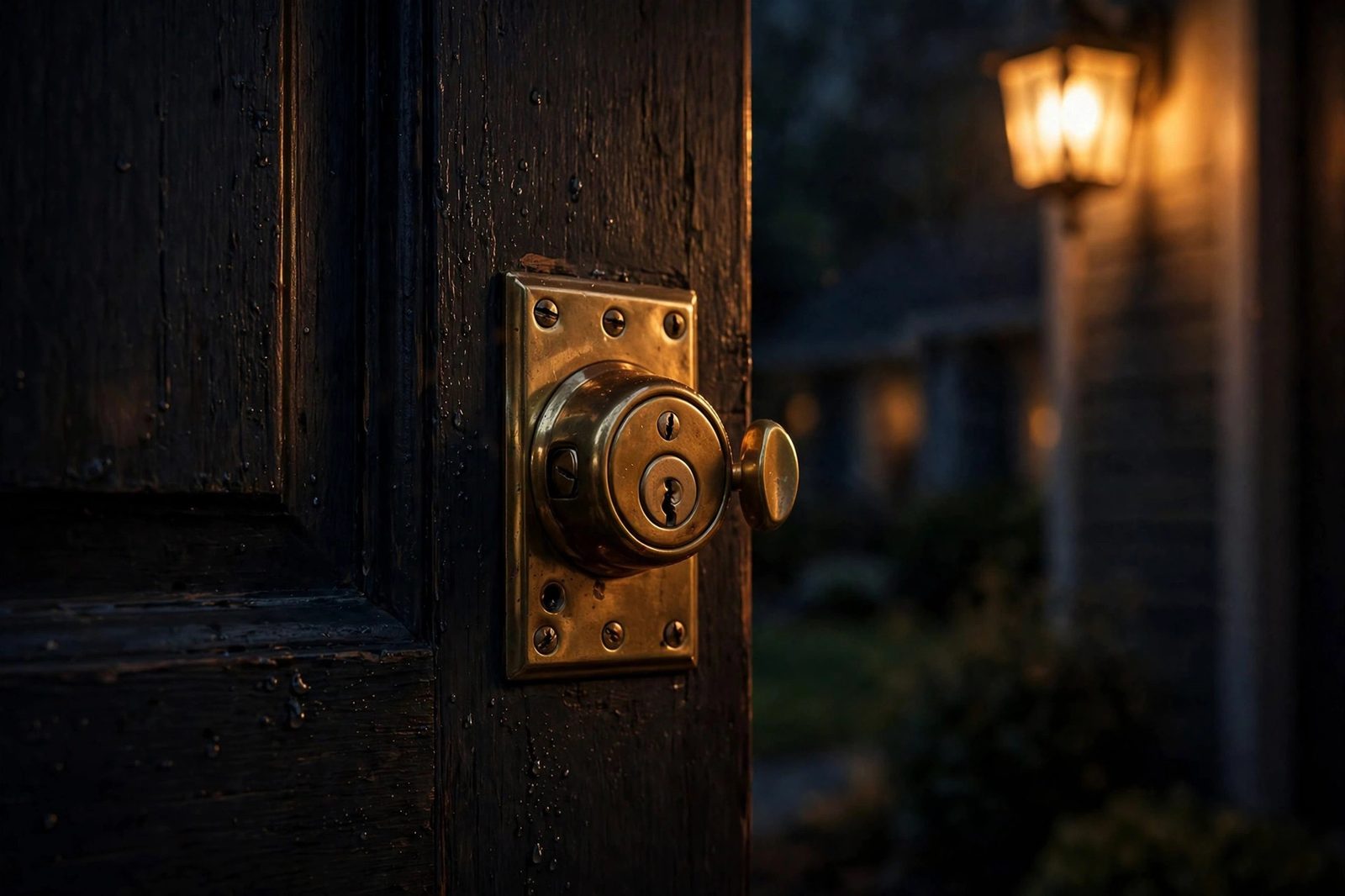 House front door at night with warm porch light on the lock